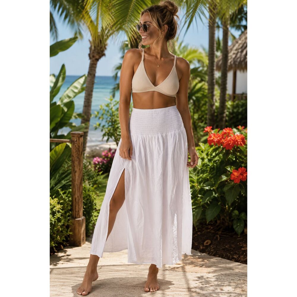 Wild Fable White Boho Cover Up Skirt Size L Smocked Waist Side Slit Cotton #10